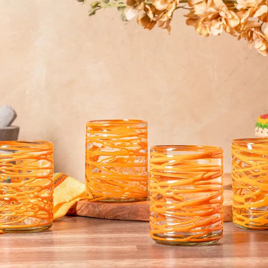 Mexican Handblown Glasses - Orange Swirl